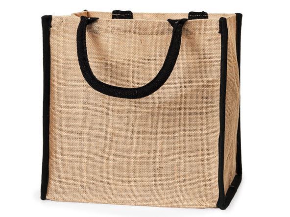 Jute Bag Natural and Black Trim 12x7x12 (includes ribbon, gift tag, & tissue/krinkle fill)