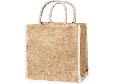 Jute Bag Natural and White Trim 12x7x12 (includes ribbon, gift tag, & tissue/krinkle fill)