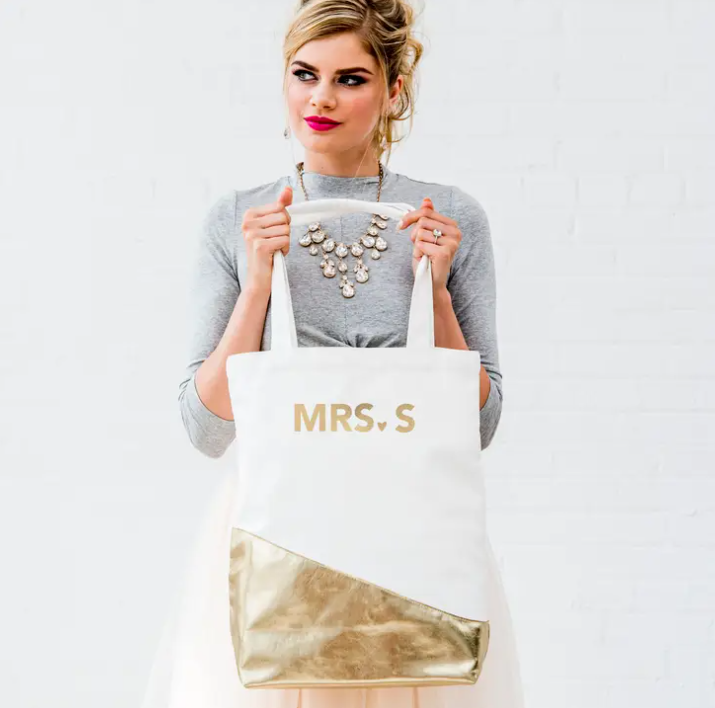 Large Personalized Gold & White Cotton Canvas Fabric Tote Bag - Create Your Own