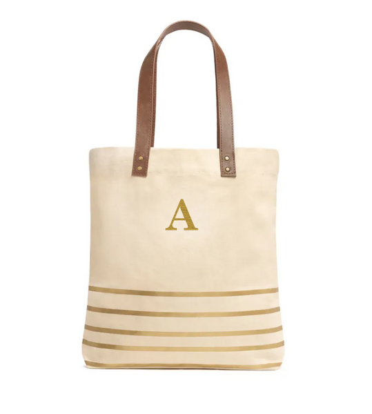 Personalized Large Annie Stripe Canvas Fabric Tote Bag - Metallic Gold - Create Your Own