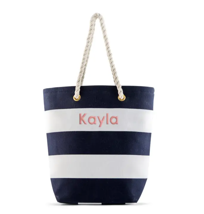 Personalized Large Bliss Striped Cotton Canvas Fabric Tote Bag - Navy And White - Create Your Own