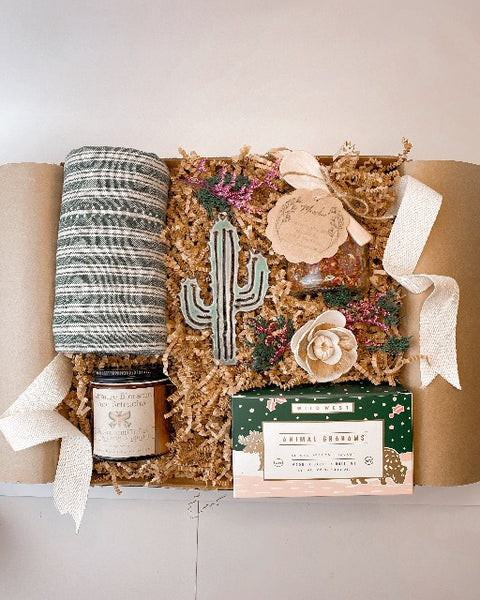 gift with cookies, tea, soycandle, cactus ornament, flour sack tea towel, handmade