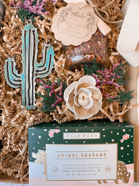 gift with cookies, tea, soycandle, cactus ornament, flour sack tea towel, handmade
