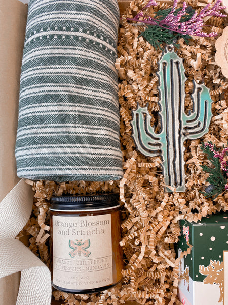 gift with cookies, tea, soycandle, cactus ornament, flour sack tea towel, handmade